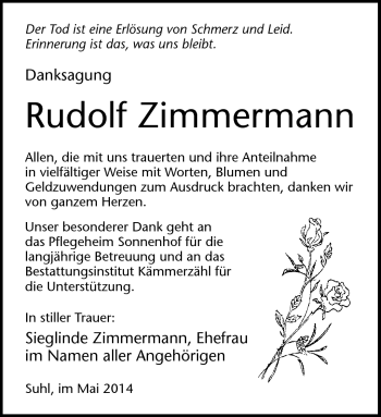 Traueranzeige von Rudolf Zimmermann von Südthüringer Presse