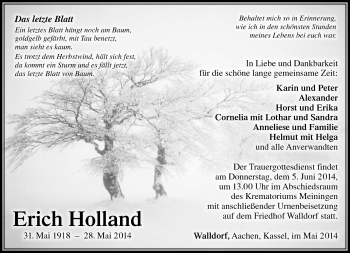 Traueranzeige von Erich Holland von Südthüringer Presse