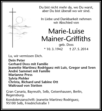 Traueranzeige von Marie-Luise Mainer-Griffiths von Frankenpost