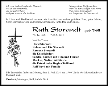 Traueranzeige von Ruth Storandt von Südthüringer Presse