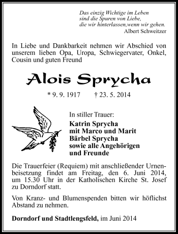 Traueranzeige von Alois Sprycha von Südthüringer Presse