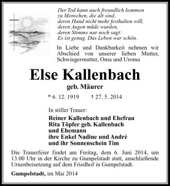 Traueranzeige von Else Kallenbach von Südthüringer Presse