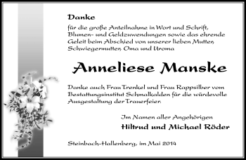 Traueranzeige von Anneliese Manske von Südthüringer Presse