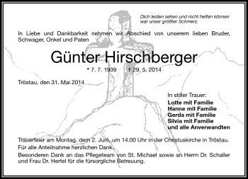 Traueranzeige von Günter Hirschberger von Frankenpost