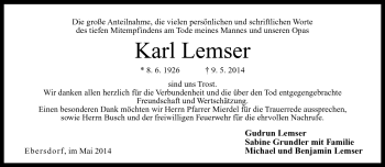 Traueranzeige von Karl Lemser von Neue Presse Coburg