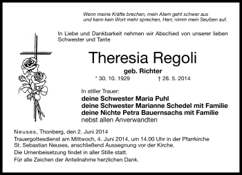 Traueranzeige von Theresia Regoli von Neue Presse Coburg