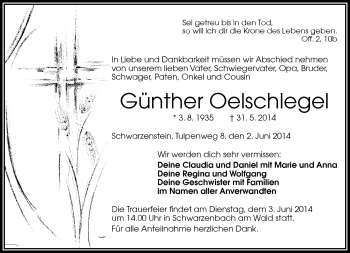 Traueranzeige von Günther Oelschlegel von Frankenpost