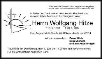 Traueranzeige von Wolfgang Hitze von Frankenpost