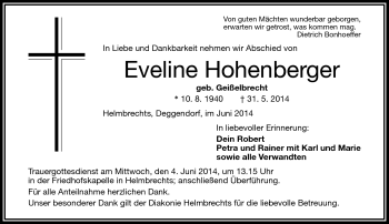 Traueranzeige von Eveline Hohenberger von Frankenpost