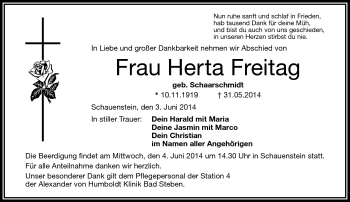 Traueranzeige von Herta Freitag von Frankenpost