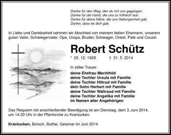 Traueranzeige von Robert Schütz von Südthüringer Presse