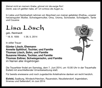 Traueranzeige von Lisa Lösch von Südthüringer Presse