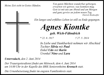 Traueranzeige von Agnes Kiontke von Neue Presse Coburg