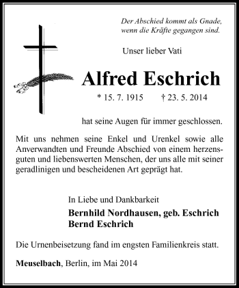 Traueranzeige von Alfred Eschrich von Südthüringer Presse