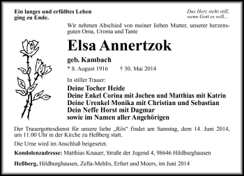Traueranzeige von Anna Annertzok von Südthüringer Presse
