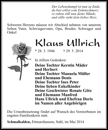 Traueranzeige von Klaus Ullrich von Südthüringer Presse