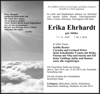 Traueranzeige von Erika Ehrhardt von Südthüringer Presse