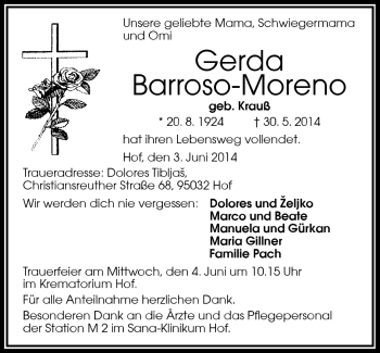 Traueranzeige von Barroso-Moreno Gerda von Frankenpost