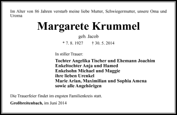 Traueranzeige von Margarete Krummel von Südthüringer Presse