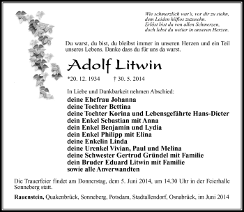 Traueranzeige von Adolf Litwin von Südthüringer Presse