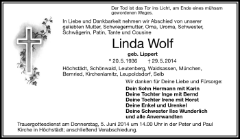 Traueranzeige von Wolf Linda von Frankenpost