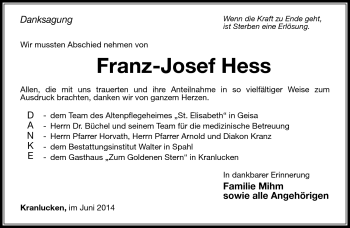Traueranzeige von Franz-Josef Hess von Südthüringer Presse