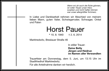 Traueranzeige von Horst Pauer von Frankenpost