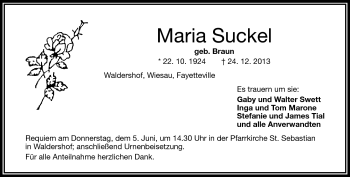 Traueranzeige von Maria Suckel von Frankenpost