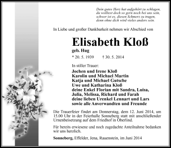 Traueranzeige von Elisabeth Kloß von Südthüringer Presse
