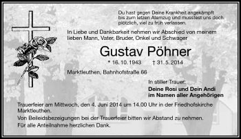 Traueranzeige von Gustav Pöhner von Frankenpost