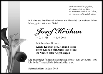 Traueranzeige von Josef Kröhan von Südthüringer Presse