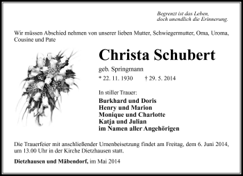 Traueranzeige von Christa Schubert von Südthüringer Presse