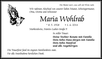Traueranzeige von Maria Wohlrab von Frankenpost