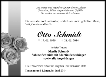 Traueranzeige von Otto Schmidt von Südthüringer Presse