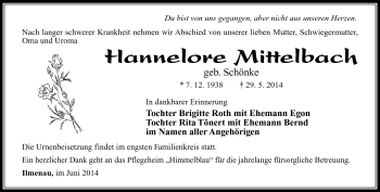 Traueranzeige von Hannelore Mittelbach von Südthüringer Presse