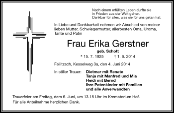 Traueranzeige von Erika Gerstner von Frankenpost