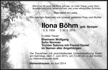 Traueranzeige von Ilona Böhm von Südthüringer Presse
