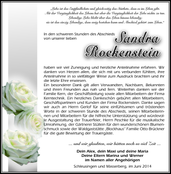 Traueranzeige von Sandra Rockenstein von Südthüringer Presse