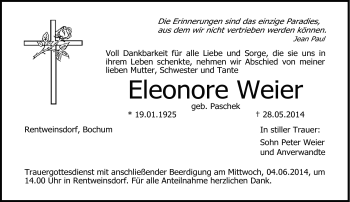 Traueranzeige von Eleonore Weier von Neue Presse Coburg