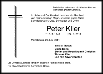 Traueranzeige von Peter Klier von Frankenpost