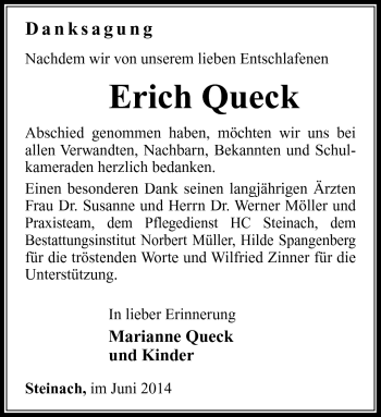 Traueranzeige von Erich Queck von Südthüringer Presse