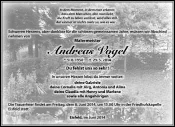Traueranzeige von Andreas Vogel von Südthüringer Presse