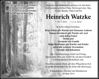 Traueranzeige von Heinrich Watzke von Südthüringer Presse