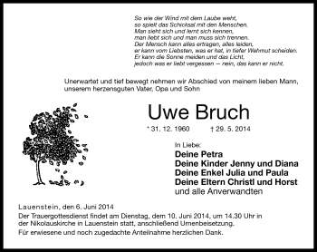 Traueranzeige von Uwe Bruch von Neue Presse Coburg