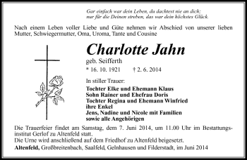 Traueranzeige von Charlotte Jahn von Südthüringer Presse