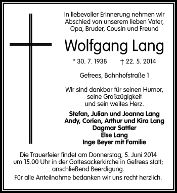 Traueranzeige von Wolfgang Lang von Frankenpost
