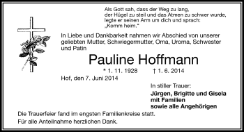 Traueranzeige von Pauline Hoffmann von Frankenpost