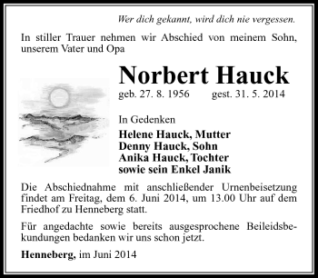 Traueranzeige von Norbert Hauck von Südthüringer Presse