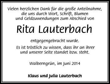 Traueranzeige von Rita Lauterbach von Frankenpost