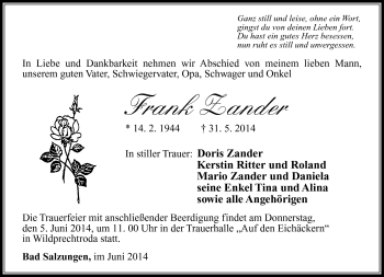 Traueranzeige von Frank Zander von Südthüringer Presse